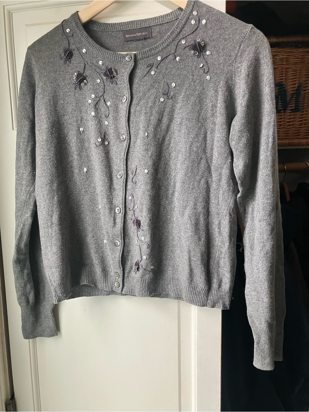 Banana Republic Gray Embellished Button-Front Cardigan